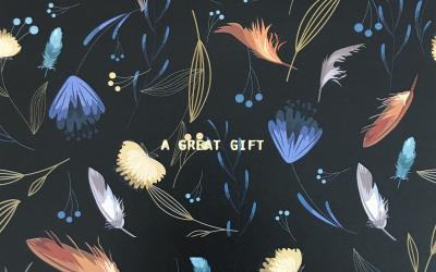 cadeaubon met veren in verschillende kleuren met "a great gift" centraal op